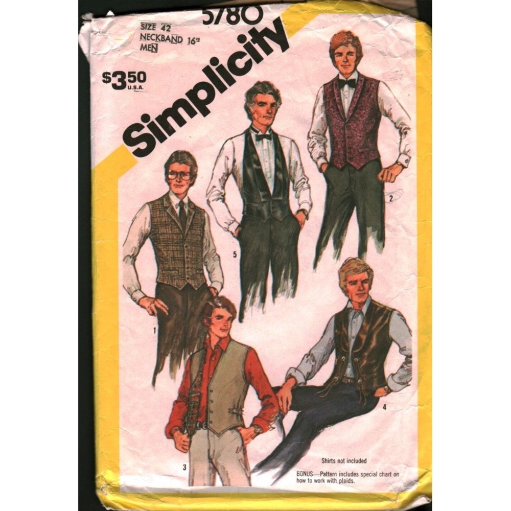 Vintage Simplicity 5780 Mens Lined Vests Sewing Pattern Size 42 Chest CUT‎ 1982